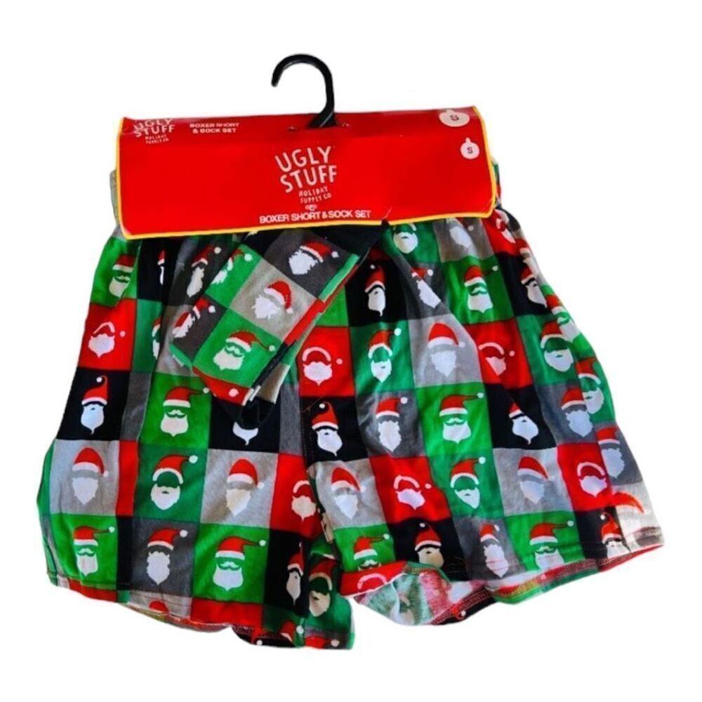 NWT Mens Ugly Stuff Christmas Santa Boxer Shorts & Sock Set - S Stocking Stuffer